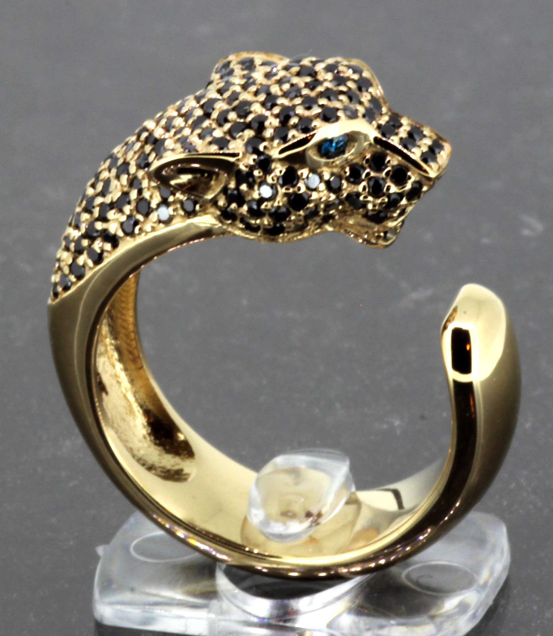 18K Panther Ring with Black Diamond Pave and Blue Diamond Eyes