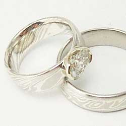 PWhite Gold and Silver Mokume Rings with Diamond